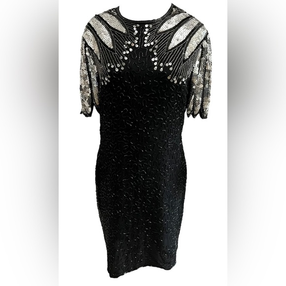 SCALA Silk Beaded Sequin Dress Black Size XL - Picture 2 of 5